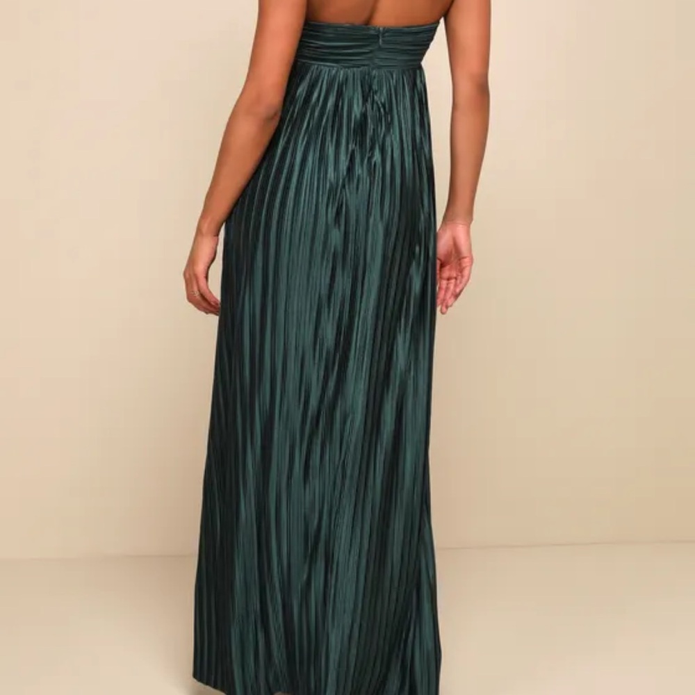 Lulus Whimsical Beauty Emerald Green Satin Plisse Strapless Maxi Dress - Size M - Picture 2 of 3
